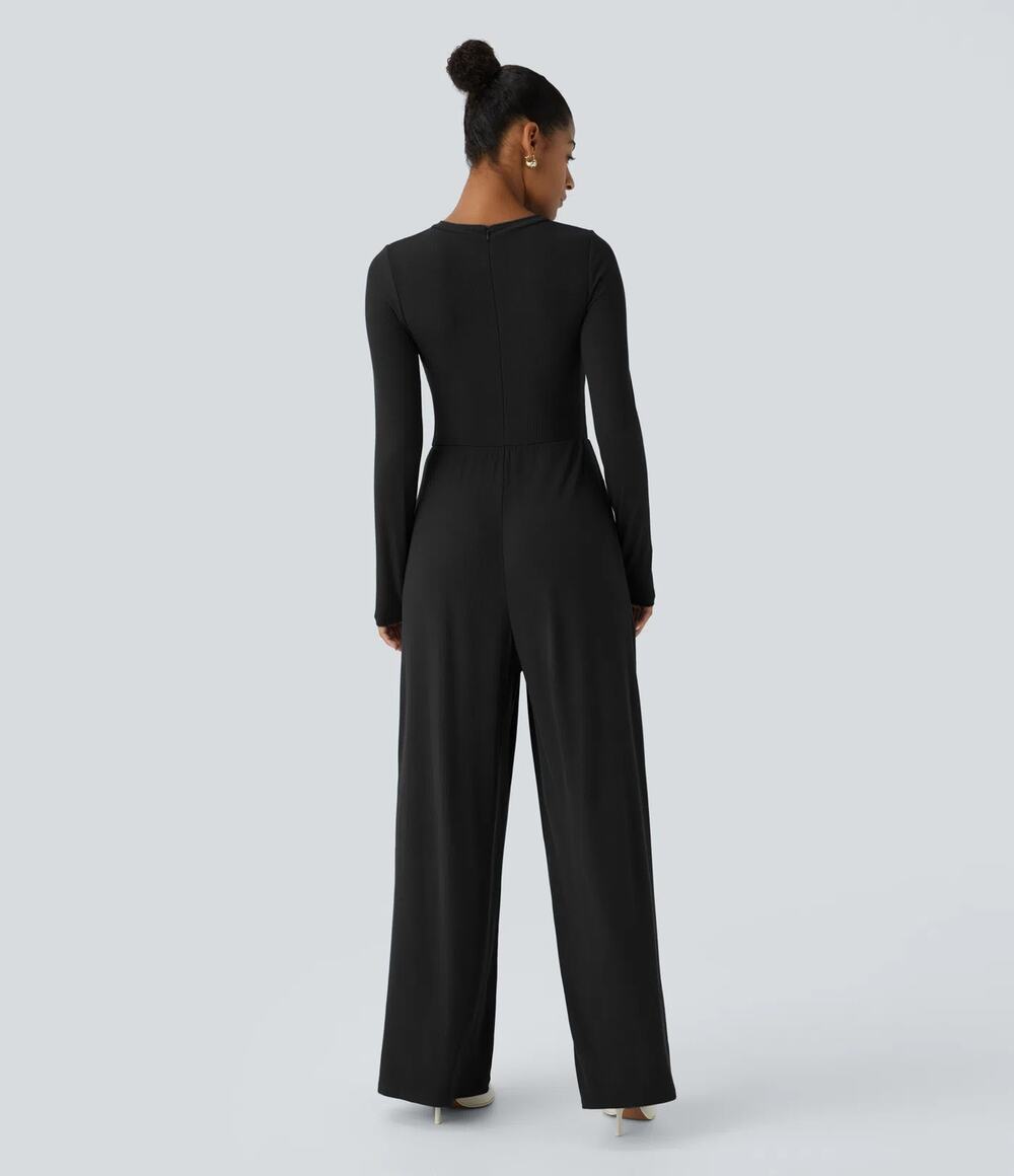 Halara Zipper Long Sleeve Ruched Pocket Wide Leg Casual Jumpsuit Black Small